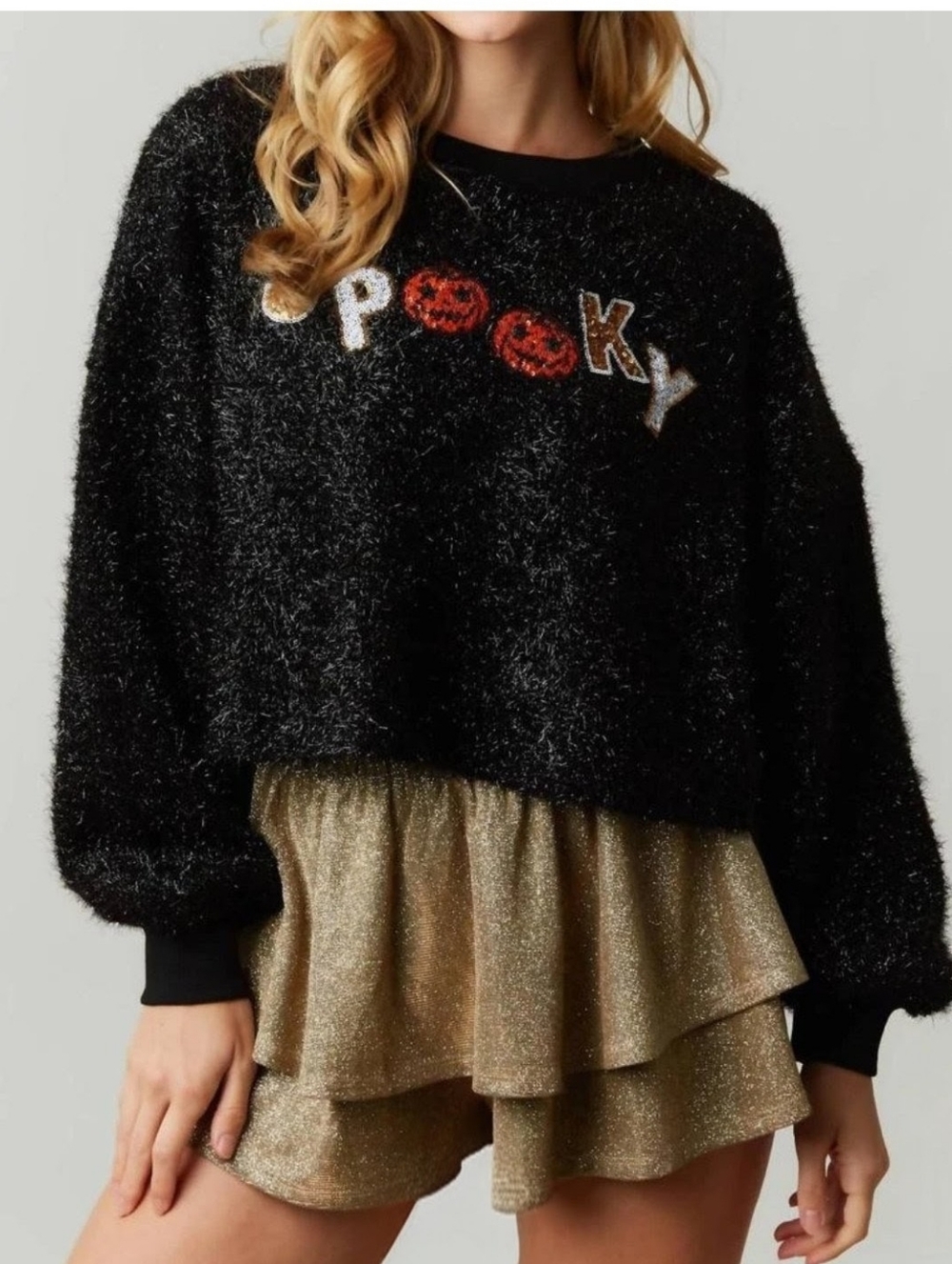 Peach Love California Metallic Fuzzy Crop Sequin Spooky Top Sweater Shirt Medium